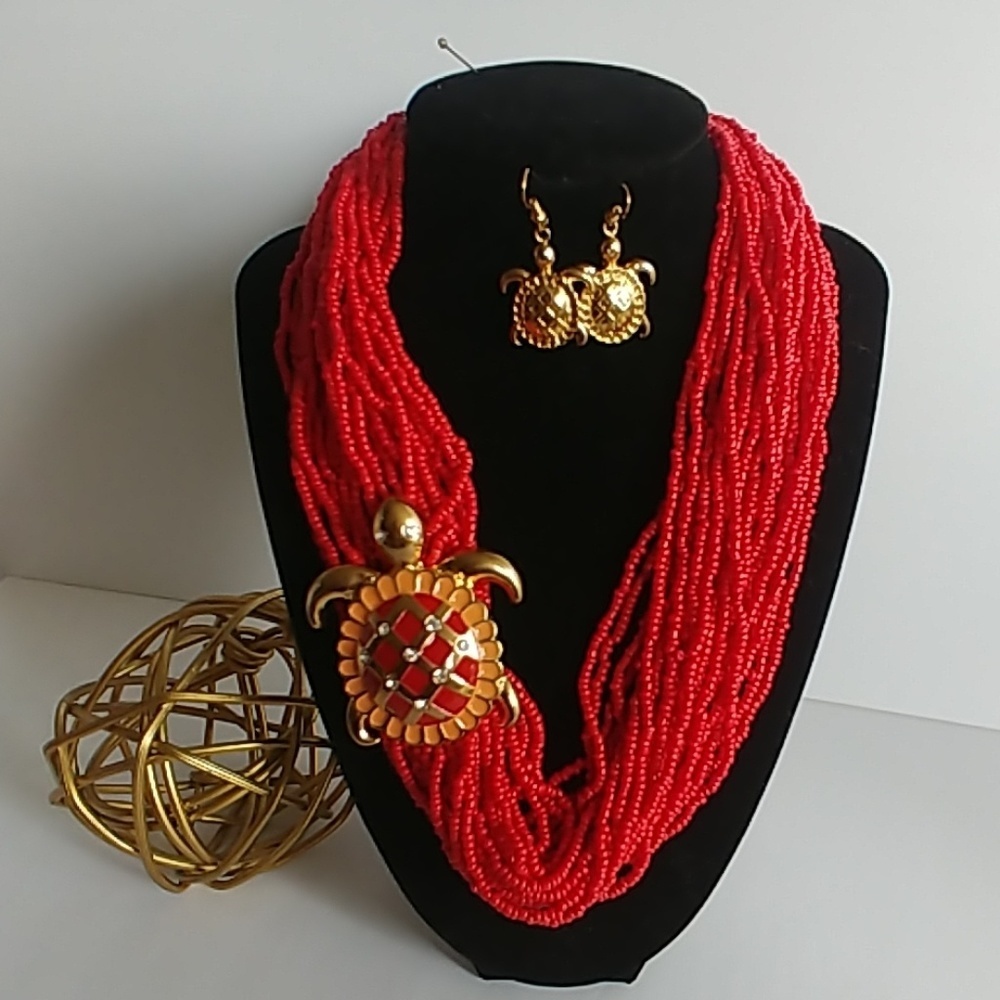 Bold Multi Strand Red Seed Bead Necklace with Turtle and Earrings Set